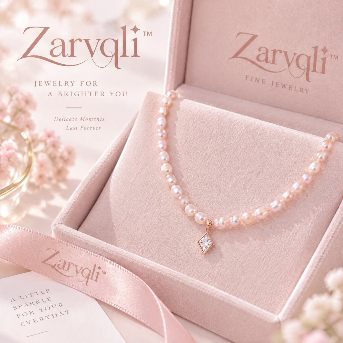 Zarvqli™ Blush Pearl & Diamond-Shaped Charm Necklace - image 1