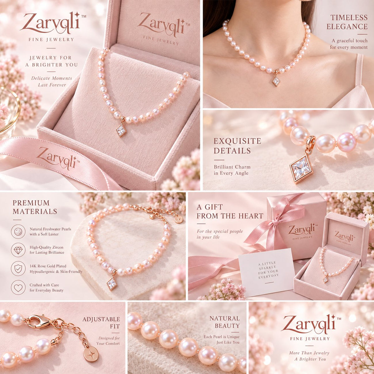 Zarvqli™ Blush Pearl & Diamond-Shaped Charm Necklace - image 2