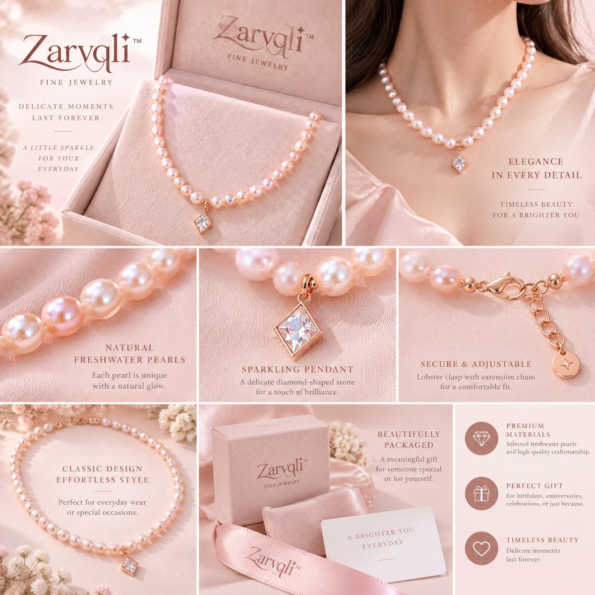 Zarvqli™ Blush Pearl & Diamond-Shaped Charm Necklace - image 3