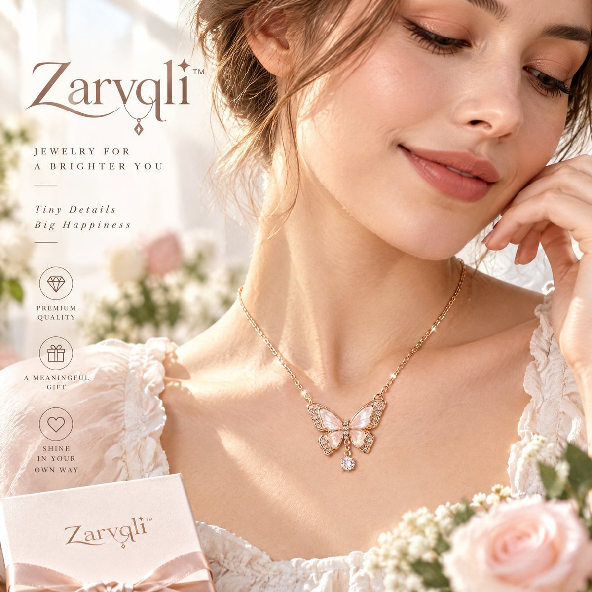 Zarvqli™ Rose Gold-Tone Butterfly & Crystal Drop Necklace - image 4