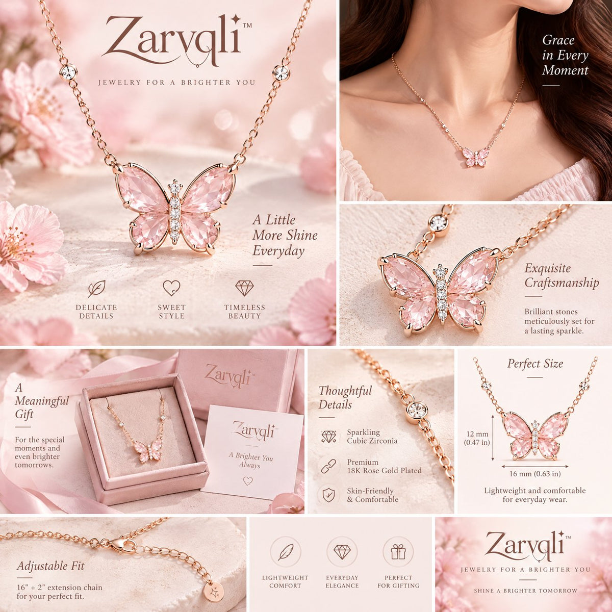 Zarvqli™ Pink Crystal Butterfly Pendant Necklace view 2