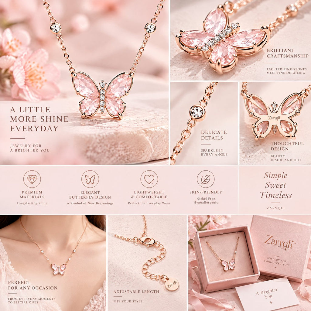 Zarvqli™ Pink Crystal Butterfly Pendant Necklace view 3