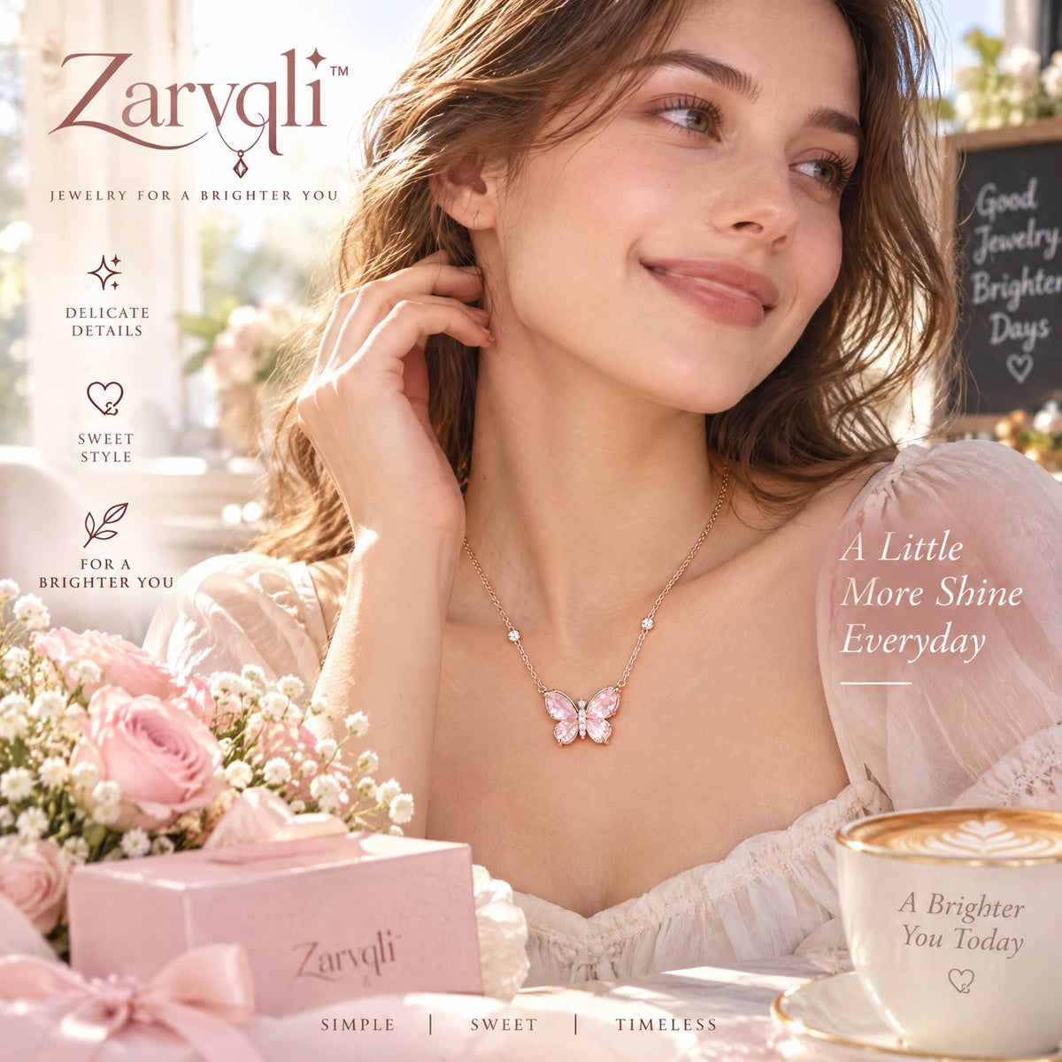 Zarvqli™ Pink Crystal Butterfly Pendant Necklace view 4
