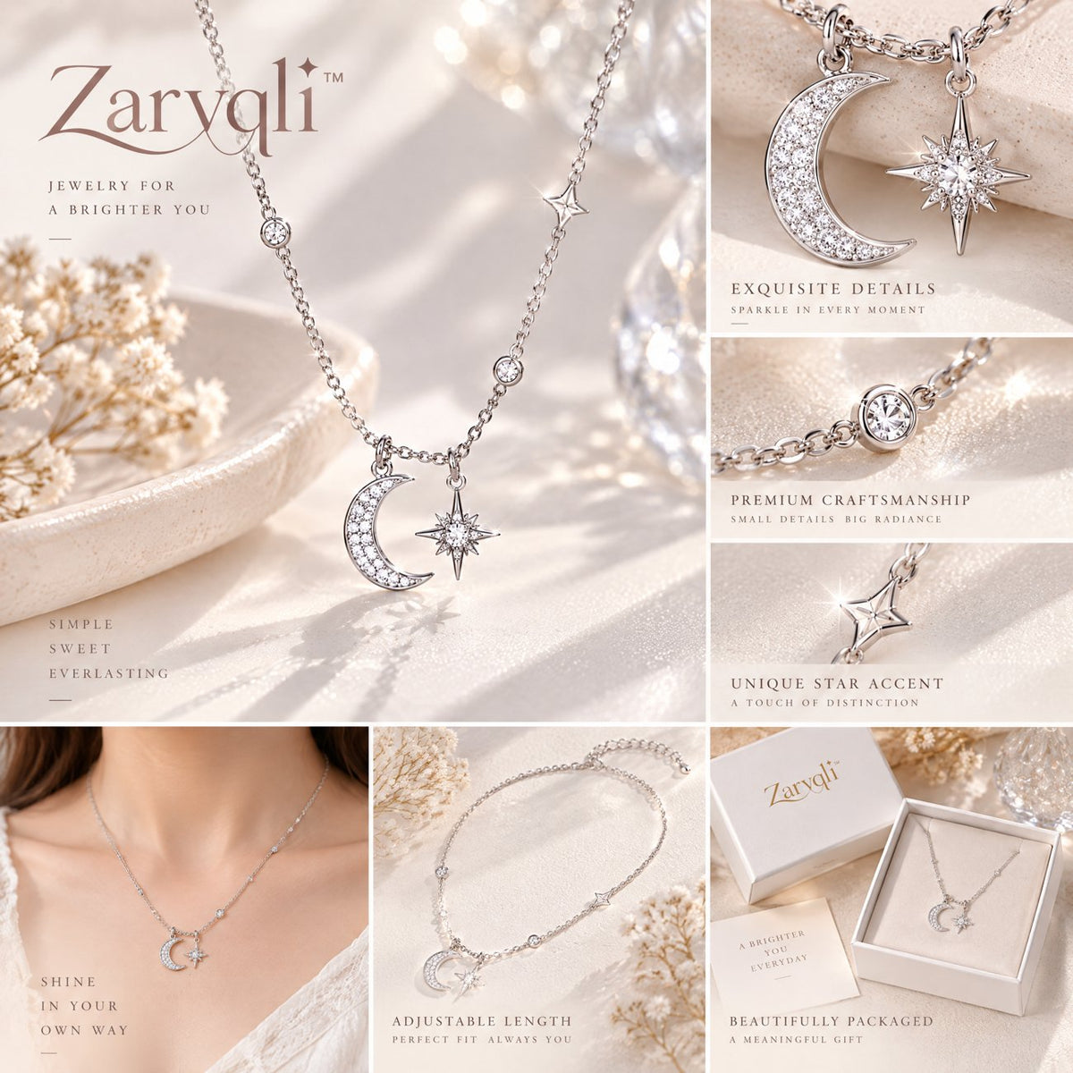 Zarvqli™ Silver-Tone Crescent Moon & Star Charm Necklace view 2
