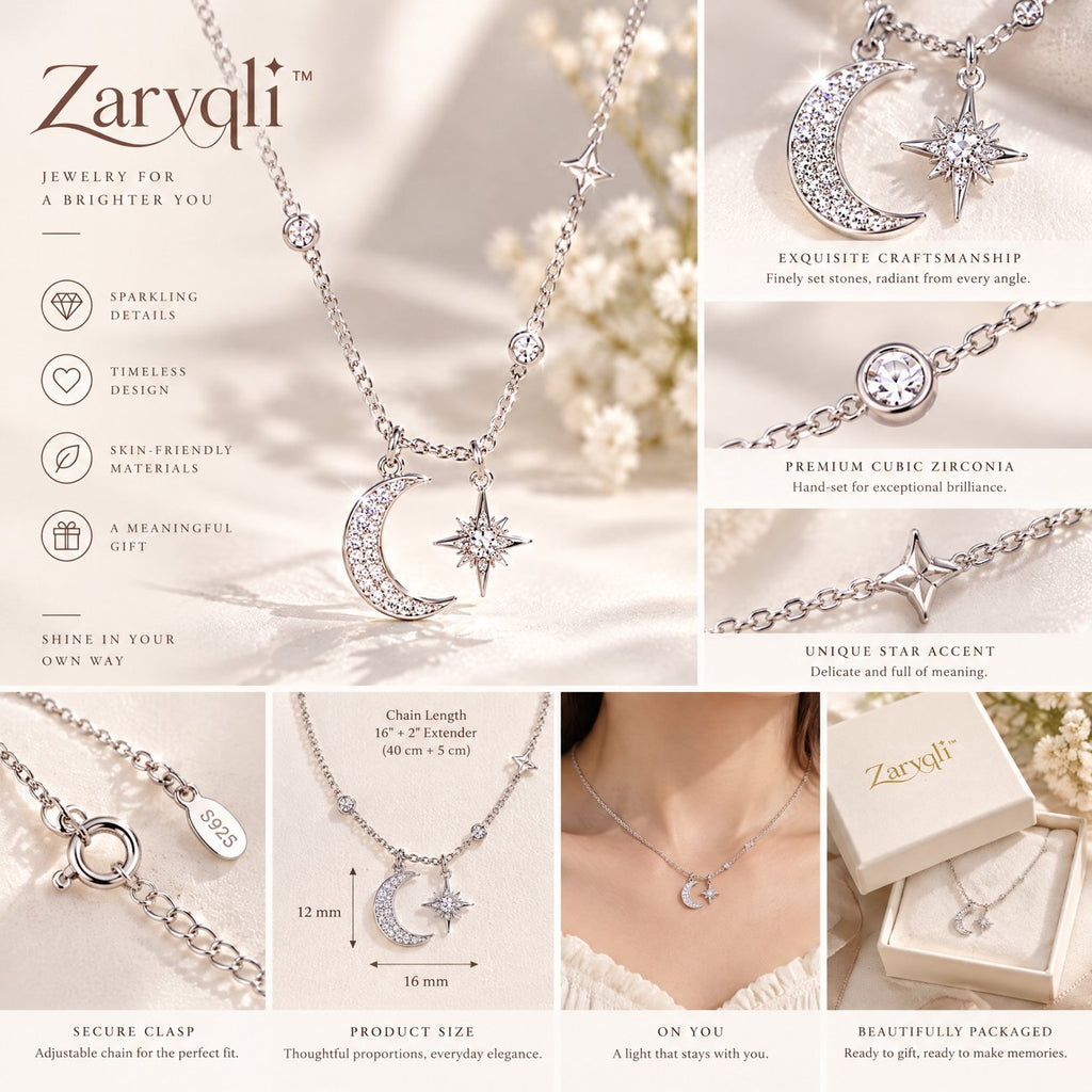 Zarvqli™ Silver-Tone Crescent Moon & Star Charm Necklace view 3