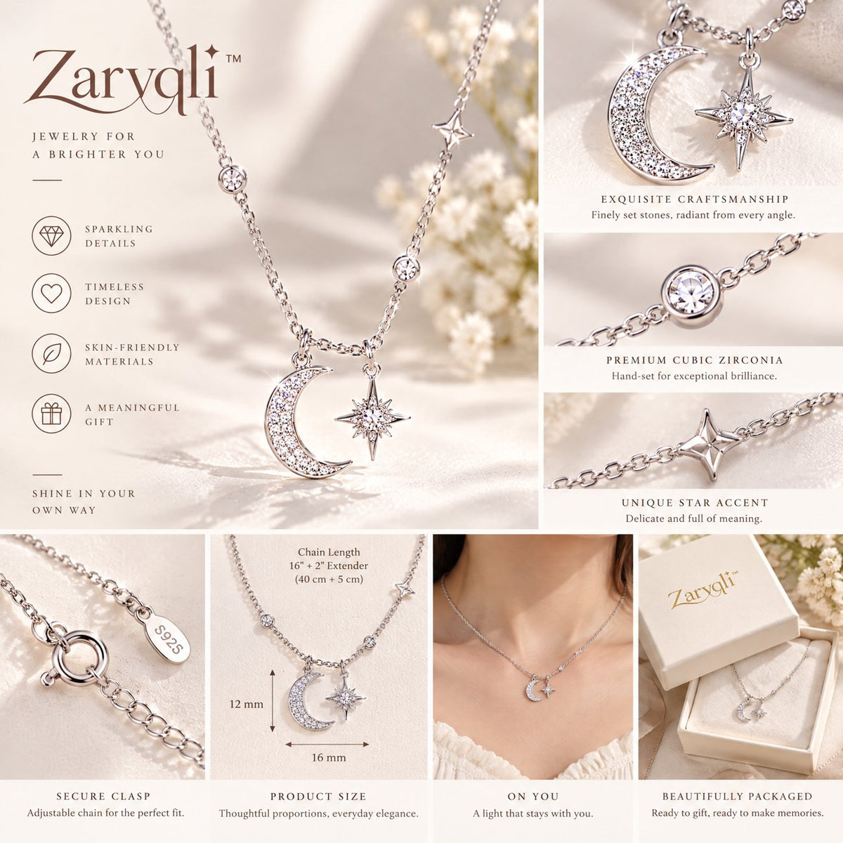 Zarvqli™ Silver-Tone Crescent Moon & Star Charm Necklace view 3
