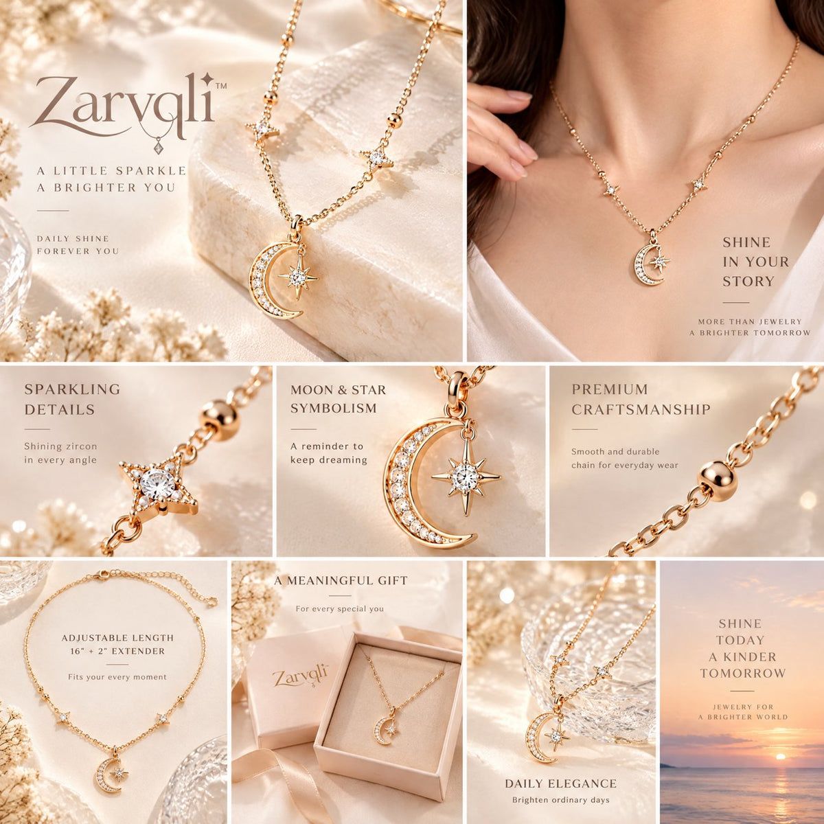 Zarvqli™ Gold-Tone Moon & Starburst Charm Necklace view 2
