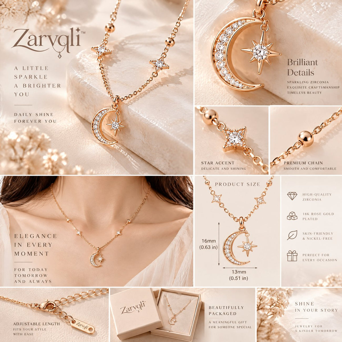 Zarvqli™ Gold-Tone Moon & Starburst Charm Necklace view 3