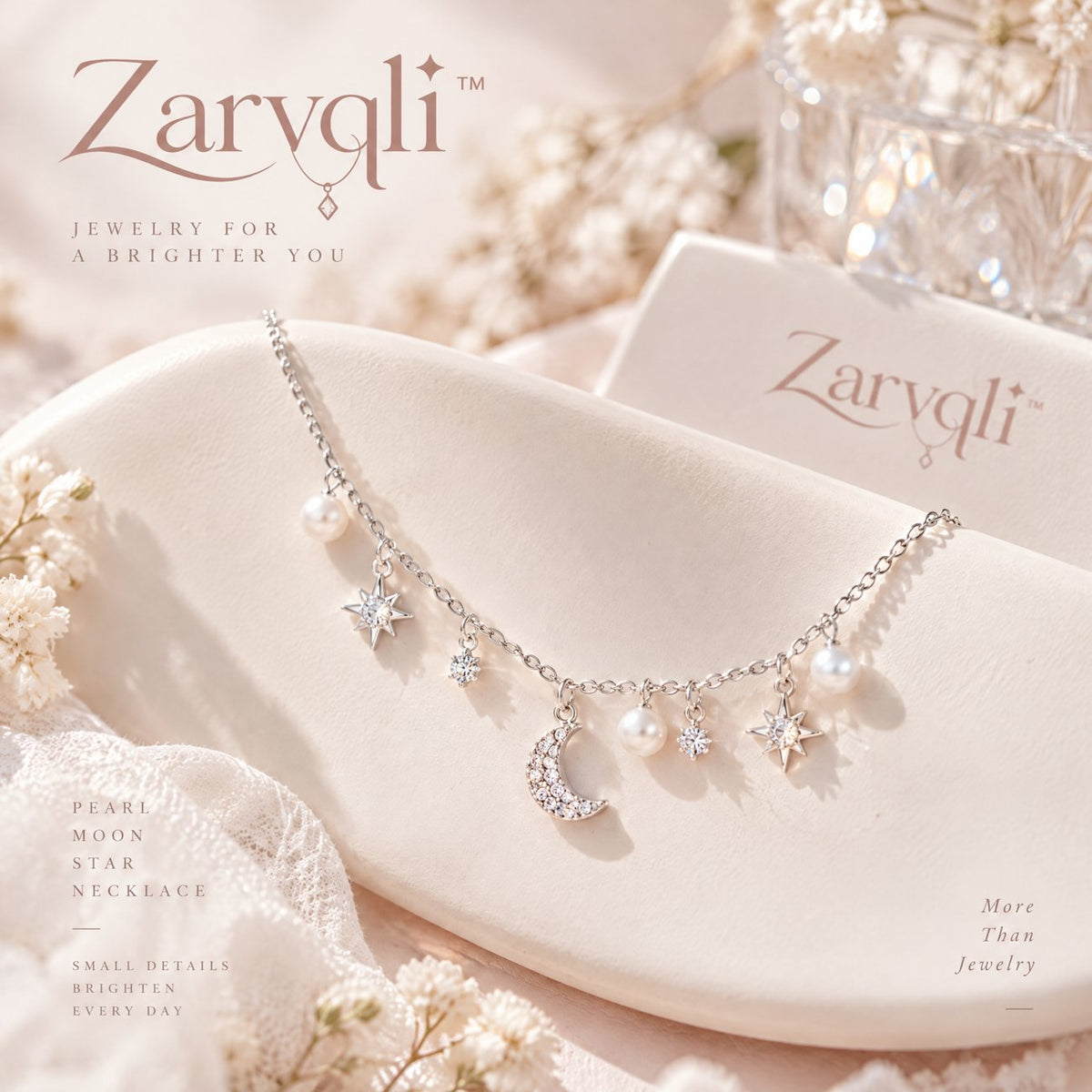 Zarvqli™ Silver-Tone Pearl Moon & Star Charm Necklace view 1