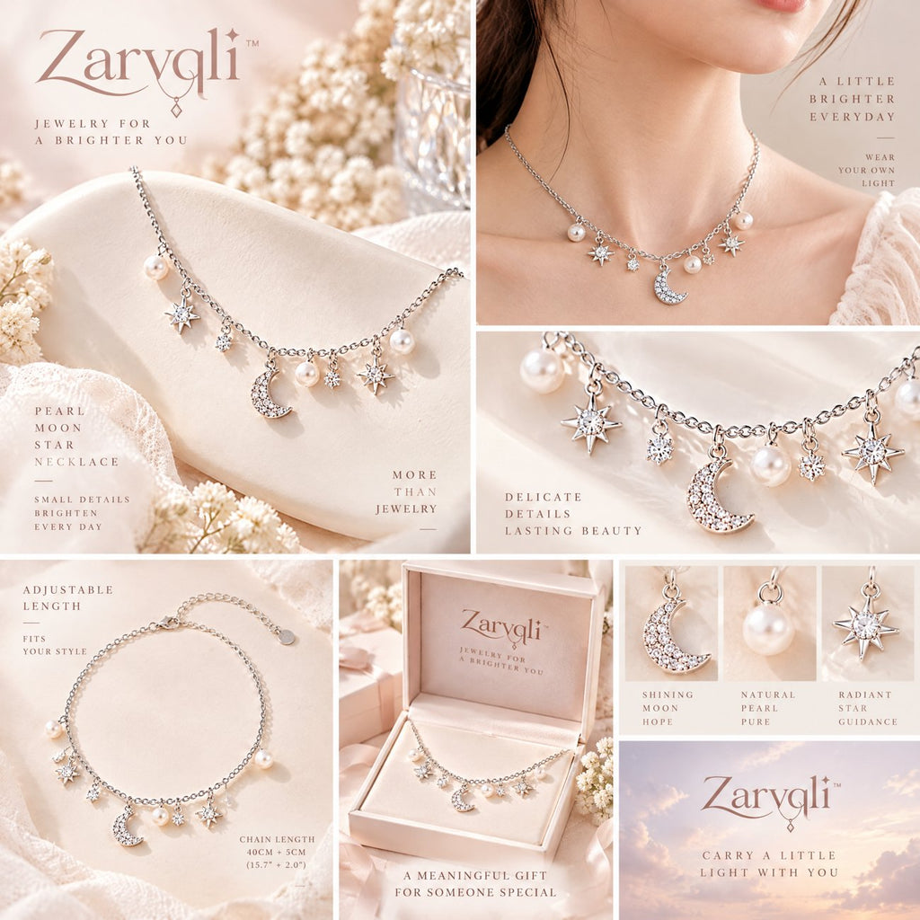 Zarvqli™ Silver-Tone Pearl Moon & Star Charm Necklace view 2