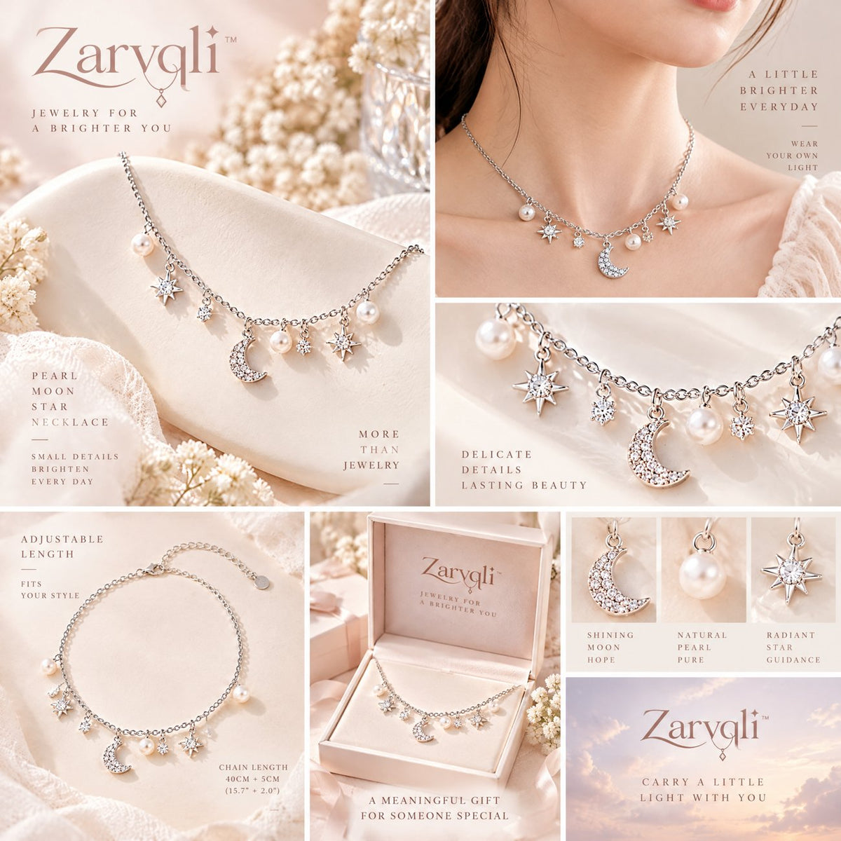 Zarvqli™ Silver-Tone Pearl Moon & Star Charm Necklace view 2