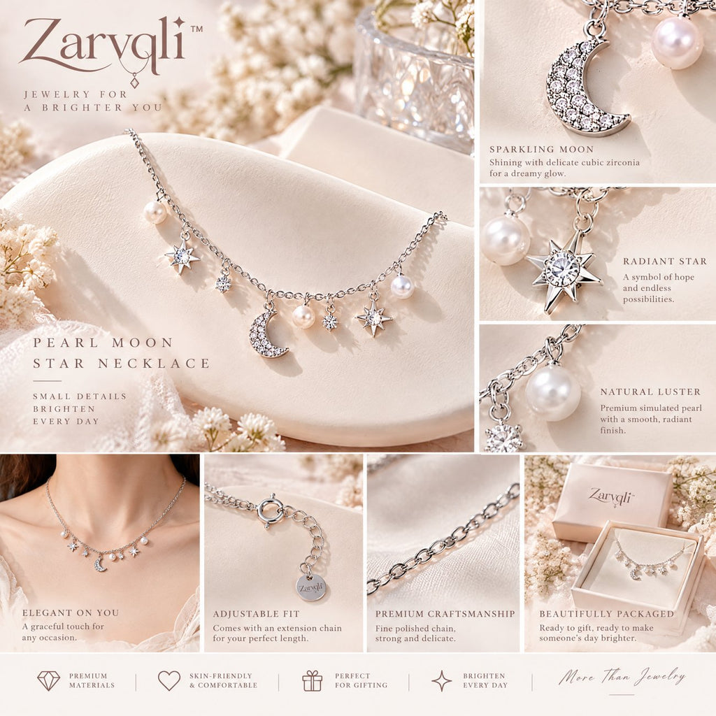 Zarvqli™ Silver-Tone Pearl Moon & Star Charm Necklace view 3