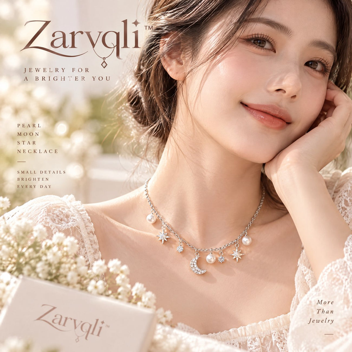 Zarvqli™ Silver-Tone Pearl Moon & Star Charm Necklace view 4