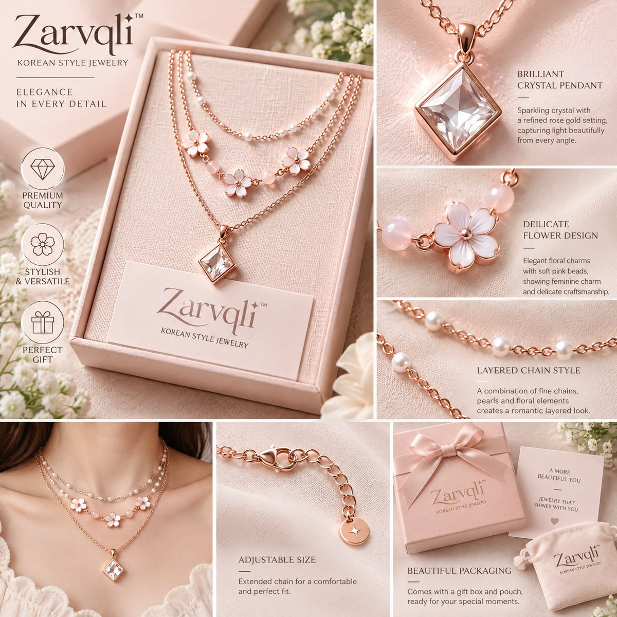 Zarvqli™ Rose Gold-Tone Floral Layered Necklace view 3