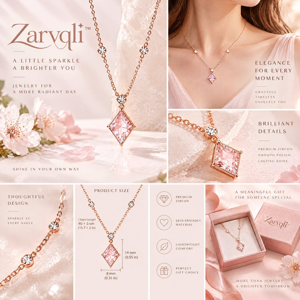 Zarvqli™ Rose Gold-Tone Pink Geometric Crystal Necklace view 2