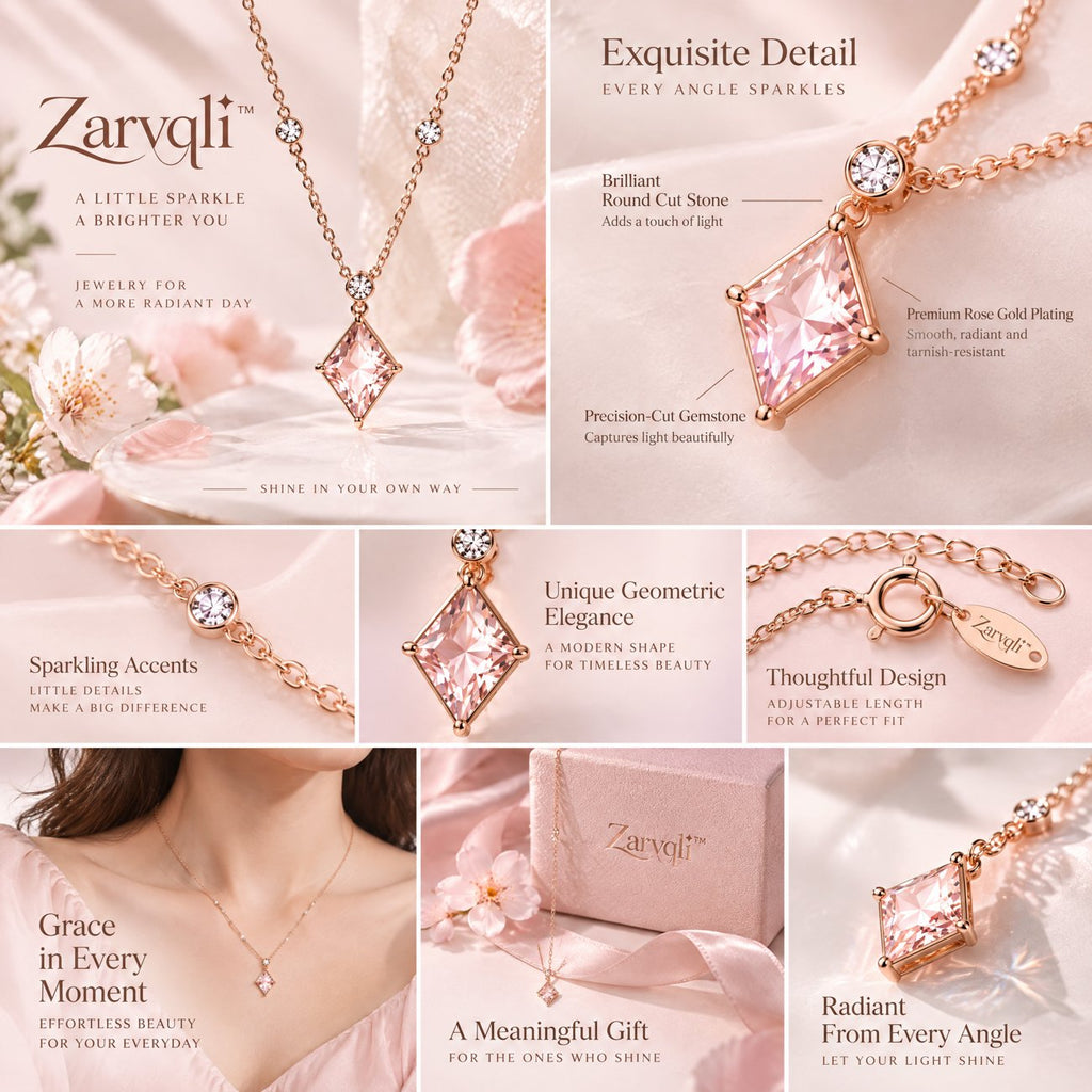 Zarvqli™ Rose Gold-Tone Pink Geometric Crystal Necklace view 3