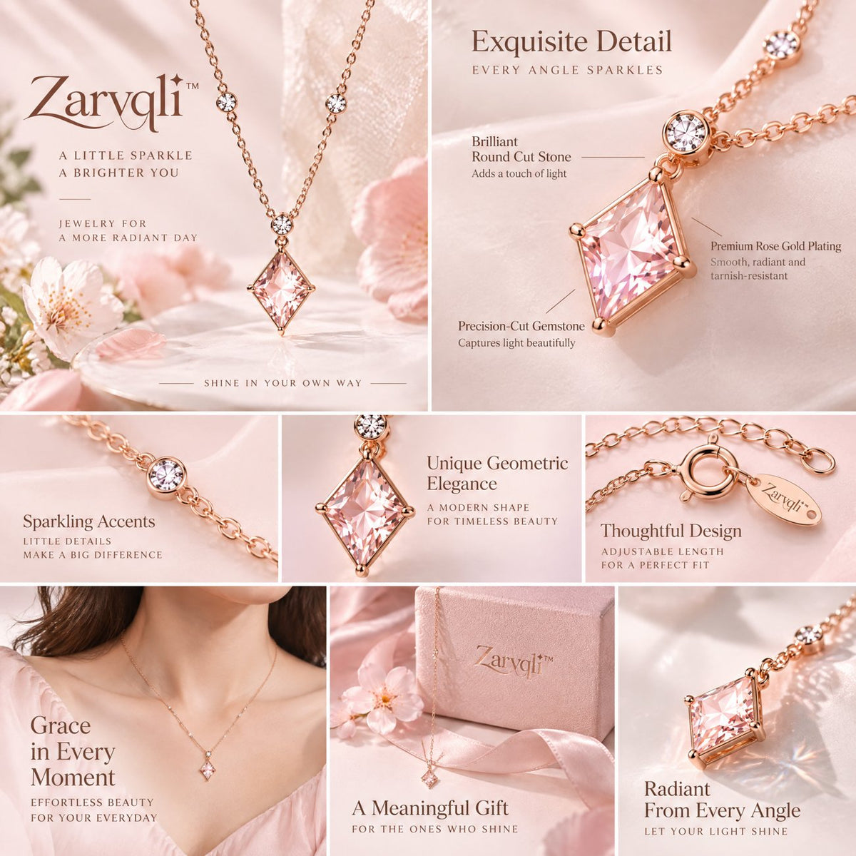 Zarvqli™ Rose Gold-Tone Pink Geometric Crystal Necklace view 3